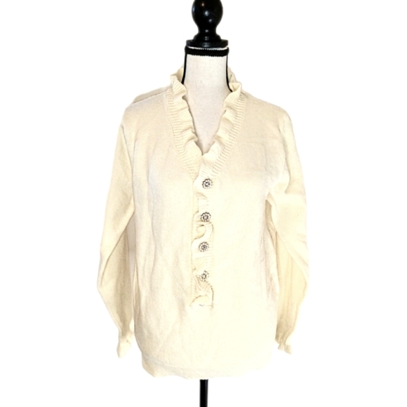 Ecowish Cream Ruffle Pearl & Rhinestone Button Womens Long Sleeve Sweater Size S - Picture 2 of 10